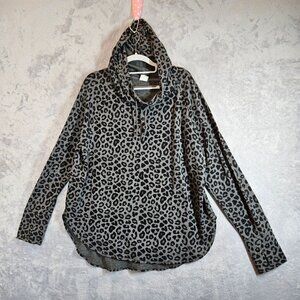 Athletic Leopard Print Hooded top Womens XL thumbholes Gray Black casual outdoor